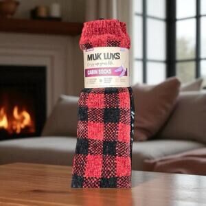 Muk Luks Sz S/M Slipper Socks Faux Fur Lined Warm Cabin 2 Pk Buffalo Check Gift
